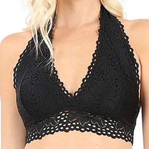 BLACK  PLUS LACE HALTER STRETCH BRALETTE W. LINING 1X 2X 3X no pads back closure